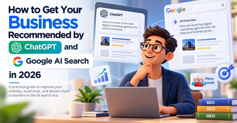 Graphic showing how to get your business recommended by ChatGPT